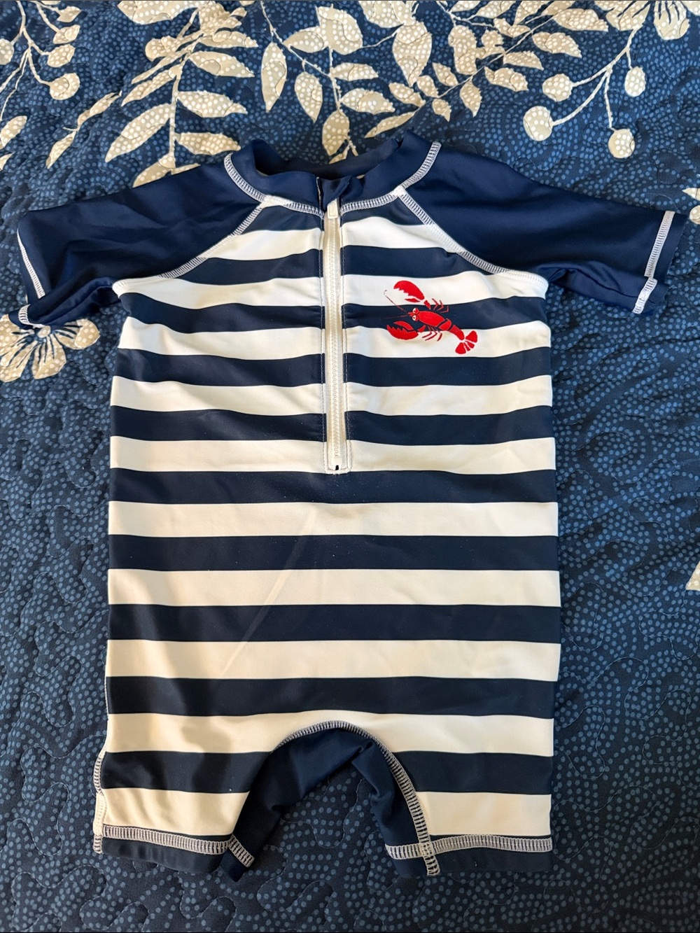 Floatimini Size 9M Navy & White Striped Rash Guard Swimsuit with Red Lobster